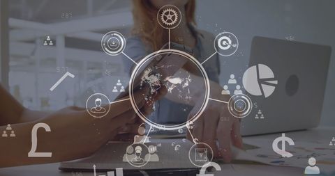 Digital Globalization Icons Overlay Business Meeting Scene - Download Free Stock Images Pikwizard.com