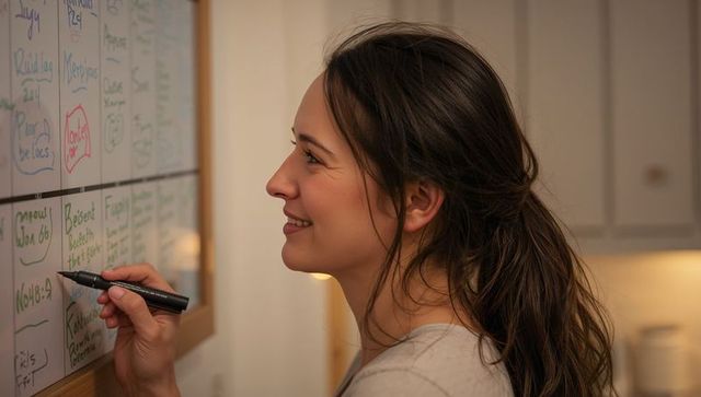 Young woman writing on dry-erase planner in kitchen organizing family schedule