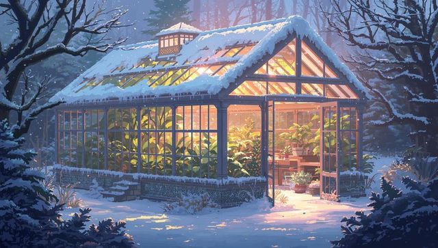 Glowing greenhouse in snowy forest clearing with warm plant-filled interior
