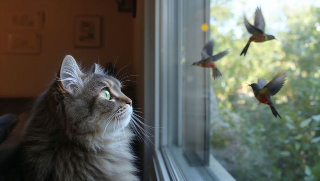 Long-haired tabby cat watching colorful wild birds through window in sunlit living room