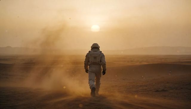 Astronaut walking across desert at sunset kicking sand, solitary explorer on arid horizon