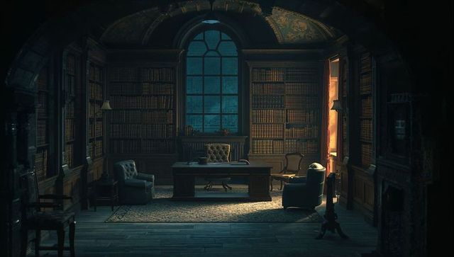 Moonlit classic library study with central wooden desk, leather chair and tall bookcases