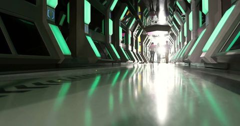 Futuristic Sci-Fi Spaceship Corridor with Crew
