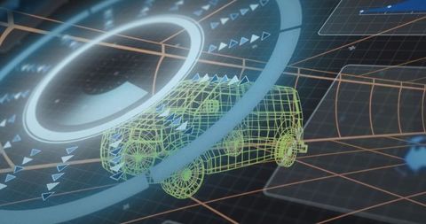 Futuristic HUD Wireframe Van Navigating Holographic Radar Grid with Neon Mesh Overlay