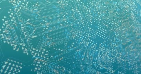Glowing teal pcb close-up showing neon circuit traces, vias, pads and network nodes