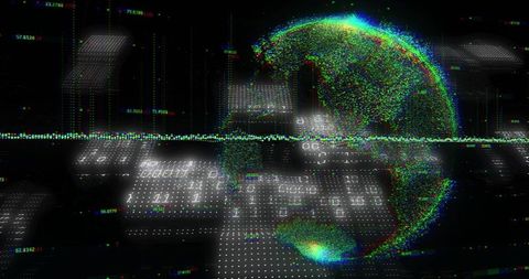 Glitch holographic globe hovering over binary dot-matrix plane tech data visualization