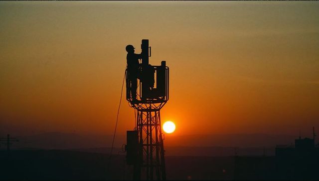 Telecom technician examining antenna at sunset