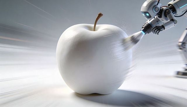 Futuristic robot polishing glossy white apple with high-speed coating nozzle, motion blur