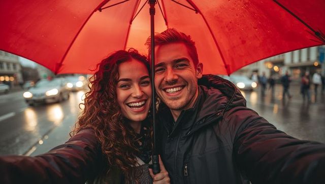 Happy Couple Taking Selfie Under Red Umbrella on Rainy Urban Street
