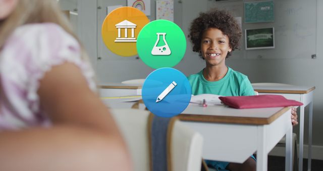 Child smiling while seated at a desk in a classroom with educational icons overlaid. Ideal for use in educational content, adverts for school supplies, or websites promoting learning tools. Highlights the joy of learning and school environment.