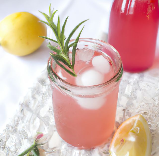 Close up of pink lemonade on white background created using generative ai technology. Drink, flavour and food concept, digitally generated image.