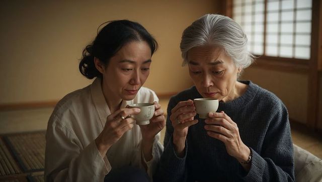Intergenerational tea ritual in tatami room, two women sharing porcelain cups, mindful companionship