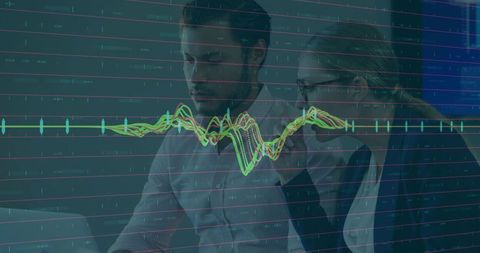 Professionals Analyzing Financial Data on Laptop with Overlaid Market Waveform Visualization