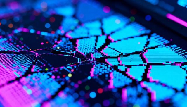Neon fractured pixel grid cracked oled display macro cyberpunk blue magenta glow abstract