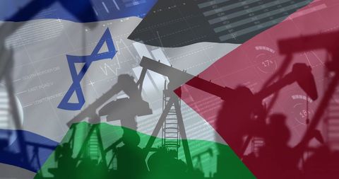 Oil pumps, financial graphs, israel and palestine flags: business conflict