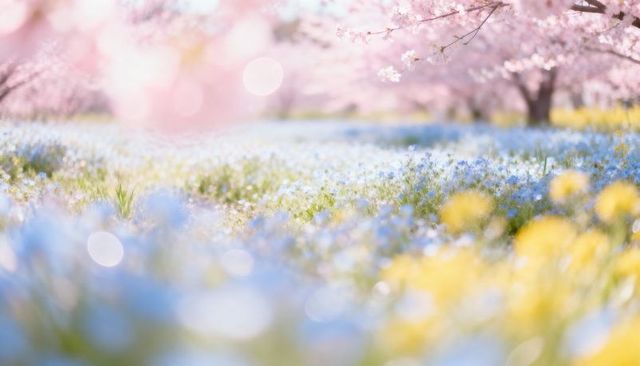 Spring meadow carpeted with blue wildflowers under blooming pink cherry blossom canopy