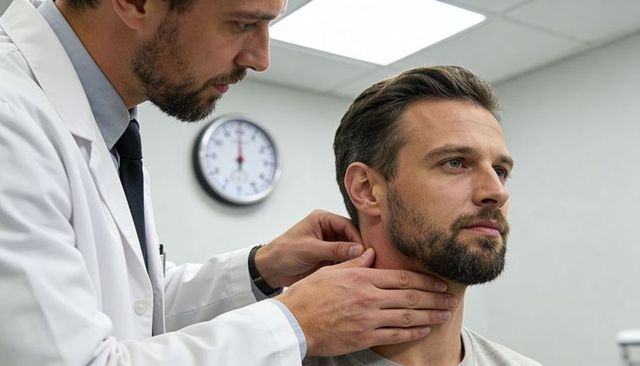 Doctor palpating male patient neck during clinical exam, thyroid check and medical consultation