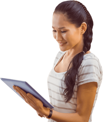 Transparent Young Woman Using Tablet Smiling - Download Free Stock Videos Pikwizard.com