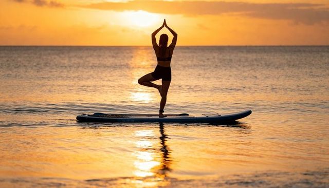 Woman practicing sup yoga tree pose on paddleboard at golden sunset over calm ocean