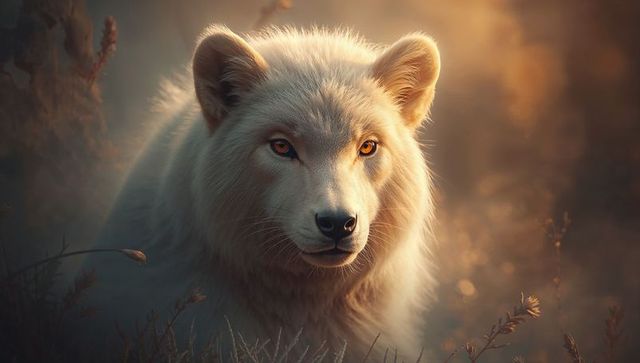 Majestic white wolf portrait at golden hour with rim-lit fur and intense amber eyes