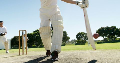 Batsman Playing Defensive Stroke During Cricket Match - Download Free Stock Images Pikwizard.com