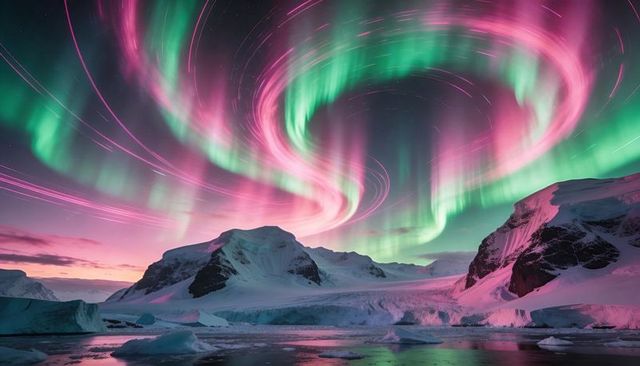 Swirling pink and green aurora dancing over polar glacier at twilight