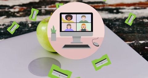 Digital Learning Icons Overlays on Desk with Apple and Laptop - Download Free Stock Images Pikwizard.com