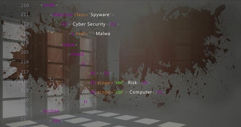 Digital code overlay in dimly lit cybersecurity room