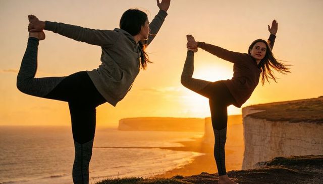 Sunset cliff yoga duo practicing dancer pose on coastal bluff overlooking ocean