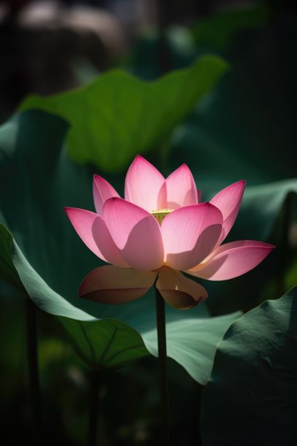 Vivid image of pink lotus flower in full bloom with sunlight casting on petals and surrounded by green leaves. Useful for nature blogs, gardening websites, botanical illustrations, environmental campaigns, and floral design references.