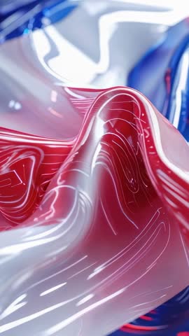 Undulating glossy fluid reflecting red white blue across dynamic digital backdrop vertical loop