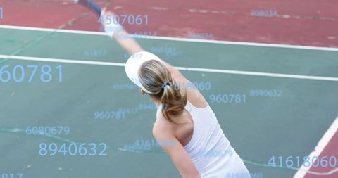 Female Tennis Player Serving on Hard Court with Numeric Overlay