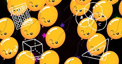 Fun Educational Balloons with Math Icons on Dark Background