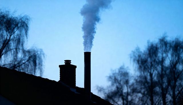 Rooftop flue emitting smoke at twilight, chimney silhouette against blue sky