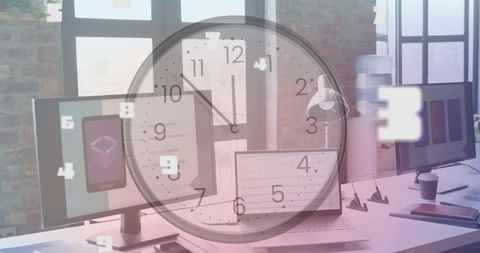 Tracking time clock overlay on modern workspace displaying dual monitors and ux mockup