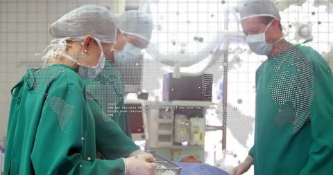Multidisciplinary Surgical Team Performing Operation with Digital World Map and Monitoring Tech