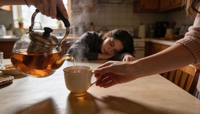 Pouring steaming tea into ceramic mug while family member resting on rustic kitchen table
