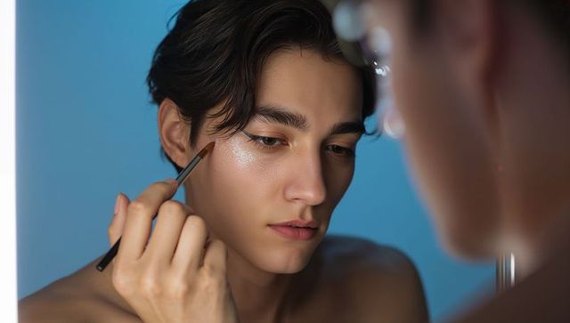 Young man applying winged eyeliner at mirror closeup glam makeup grooming portrait