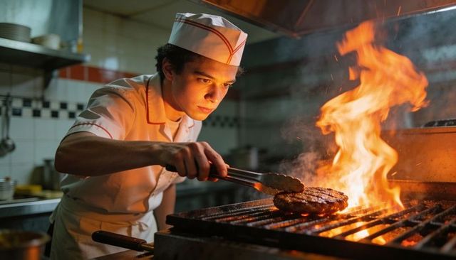Line cook flipping beef patty on flaming grill in busy restaurant kitchen