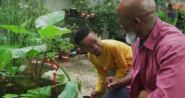 Grandfather and Grandson Bonding in Garden with Greenhouse Plants - Download Free Stock Images Pikwizard.com