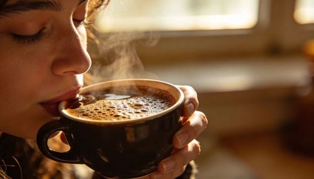 Woman sipping steaming coffee by sunny windowsill cradling ceramic mug close-up