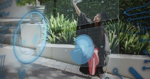 Graduate taking selfie with ar hud on campus showcasing achievement and tech confidence