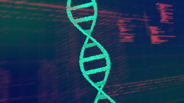 This visualization shows a 3D spinning DNA strand overlaid with digital data signs. It embodies themes of genetics, scientific research, and modern technology integration. Ideal for use in educational materials on biology and genetics, scientific exhibitions, or tech presentations highlighting advancements in data science and biotechnology.