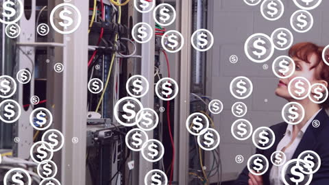 Confident Woman in Server Room with Digital Analytics Overlay