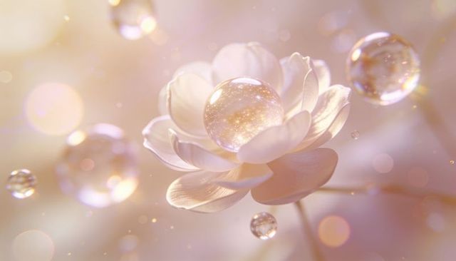 Floating glass sphere cradling pale layered flower with golden sparkles and dreamy bokeh