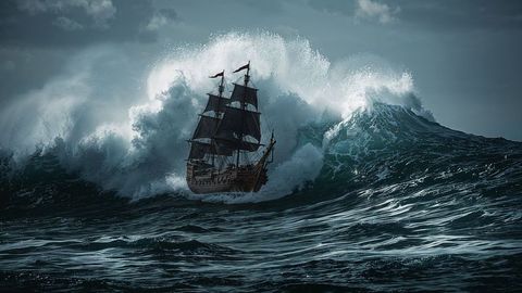 Majestic three-masted pirate ship conquering ocean storm