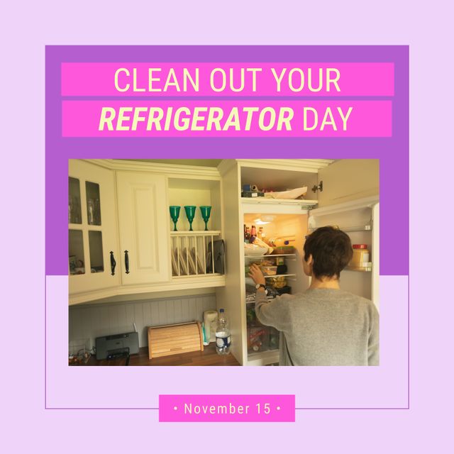 Image showcases a celebration of Clean Out Your Refrigerator Day with a woman checking inside her fridge. Useful for promoting household chores awareness, organizational tips, kitchen cleanliness, and seasonal social media posts. Ideal for home improvement blogs, clean living campaigns, and healthy living content.