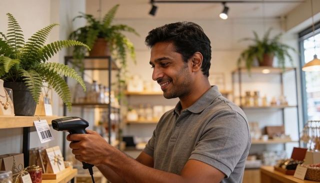 Retail clerk scanning barcode in boutique shop while smiling and managing merchandise