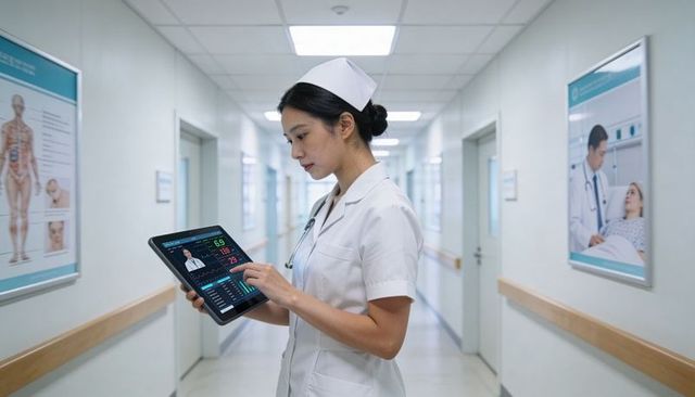 Nurse using tablet monitoring patient vitals in hospital corridor, wearing white uniform