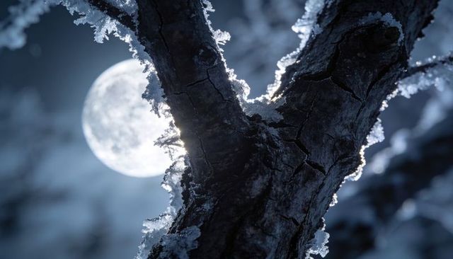 Moonlit frost on forked tree trunk with rim ice and blue night bokeh
